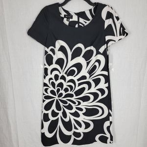 AB Studio Shift Dress Size 2 Black White Print Stretch Career Floral . MWT.